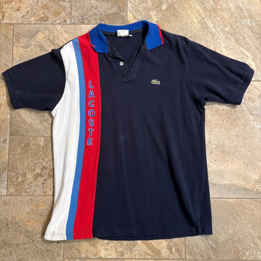 RARE Lacoste Mens Navy Blue Colorblock Vertical Polo Shirt Size 5 Large - Picture 2 of 7